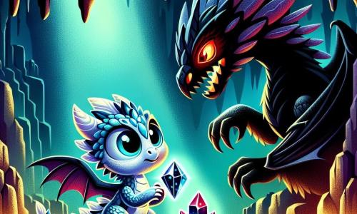 Un pequeño dragón llamado Zafiro, con escamas brillantes como el cielo nocturno, se encuentra en el centro de la escena, con los ojos abiertos de miedo y asombro. Tiene alas delicadas y un cuerpo redondeado, sosteniendo un cristal oscuro brillante entre sus patas delanteras, emitiendo un resplandor misterioso. A su derecha, un dragón de sombras, grande y amenazante, con escamas negras y ojos rojos brillantes, está en posición de ataque, con una expresión furiosa y desesperada. A su izquierda, un dragón plateado, majestuoso y luminoso, emerge de la sombra, con una expresión suave y tranquilizadora, listo para ayudar a Zafiro. El lugar es una cueva oscura, con paredes de piedra rugosa y estalactitas que cuelgan como dientes afilados. Sombras bailan en las paredes, creando una atmósfera aterradora y fascinante, mientras una luz misteriosa emana del cristal en el centro de la escena. La situación principal muestra a Zafiro enfrentándose a la criatura de la sombra, listo para liberar su valentía, mientras el dragón plateado se prepara para intervenir y restablecer el equilibrio entre la luz y la oscuridad.