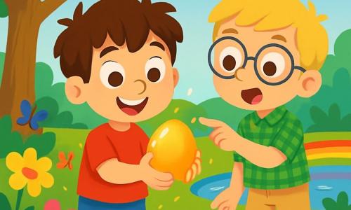 Há 2 personagens principais: - João: um garoto de 7 anos, com cabelos castanhos bagunçados e olhos brilhantes de curiosidade. Ele está segurando um ovo dourado brilhante nas mãos, com um grande sorriso no rosto. - Miguel: um garoto de 7 anos, com cabelos loiros e óculos redondos. Ele está ao lado de João, apontando para o ovo dourado com uma expressão de admiração. O cenário é um jardim encantador, cheio de flores coloridas e um grande árvore majestosa ao fundo. João e Miguel estão descobrindo o ovo dourado, cercados por flores mágicas, cheios de alegria e prontos para compartilhar sua incrível descoberta com os amigos.