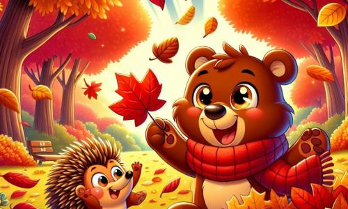 Ein kleiner brauner Bär namens Bruno, mit einem fröhlichen Lächeln und funkelnden Augen, steht im Mittelpunkt der Szene. Er trägt einen roten Wollschal und hält ein großes, buntes Herbstblatt wie einen Schatz. Neben ihm springt ein kleiner Igel mit goldenen Stacheln und einem schelmischen Blick in einen Haufen bunter Blätter. Im Hintergrund ist ein bezaubernder Park mit majestätischen Bäumen und leuchtenden Blättern in Rot, Orange und Gelb. Sonnenstrahlen filtern durch die Äste und schaffen eine warme, magische Atmosphäre. Bruno und sein Igel-Freund spielen fröhlich in den Blättern, lachen und werfen Blätter in die Luft, um die Schönheit des Herbstes zu feiern.