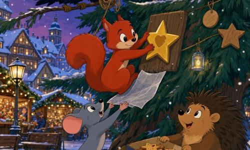 Miro, ein kleiner rotbrauner Eichhörnchen mit glänzendem Fell, runden schwarzen Augen, konzentriertem Gesicht und schüchternem Lächeln, klebt in halber Höhe an einem großen Tannenbaum einen goldenen Sternaufkleber mit kleinem Herz auf eine Holztafel, während unten Pia, eine graue Maus mit seidigem Fell und großen rosa Ohren, begeistert ein Stück Wachspapier hochhält, Roko, ein großer schwarzer Rabe mit glänzenden Federn, auf einem Ast darüber stolz eine Seilschlinge hält, um die Aufstieg zu sichern, und Finni, ein runder brauner Igel, an der Baumwurzel lächelnd eine offene Keksdose mit Sternen hält; Schauplatz ist ein verschneiter Wintermarkt bei Dämmerung mit Holzbanken, geschmückten Ständen, Glaslampen und einem zentralen Baum mit Holzdekorationen und Laternen, warme Kerzenlichter kontrastieren mit dem kalten Blau des Abends, leichte Schneeflocken und eine warme, leicht dramatische Stimmung.