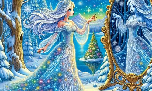 La Reina de las Nieves, una mujer majestuosa de belleza etérea, lleva un vestido brillante de cristales de hielo que brillan como estrellas. Su largo cabello plateado flota a su alrededor, y su mirada, a la vez triste y decidida, refleja una profunda compasión. Está extendiendo la mano hacia un árbol gigantesco, símbolo de nueva vida, con una expresión de dulzura y esperanza. A su lado, el Espejo Malvado, un espejo antropomórfico con un marco dorado, tiene una apariencia triste pero resuelta. Sus reflejos brillan con colores vivos, y parece inclinarse hacia la reina, listo para ayudarla en su búsqueda. El decorado es un magnífico paisaje invernal, con árboles cubiertos de nieve brillante y un cielo azul claro salpicado de nubes ligeras. A lo lejos, un lago oculto, rodeado de hielo oscuro, brilla bajo los rayos del sol, mientras copos de nieve bailan en el aire. La situación principal muestra a la Reina de las Nieves y al Espejo Malvado uniendo sus fuerzas para derretir el hielo que aprisiona la vida, creando una atmósfera mágica y llena de esperanza, donde la naturaleza comienza a despertarse bajo sus manos.