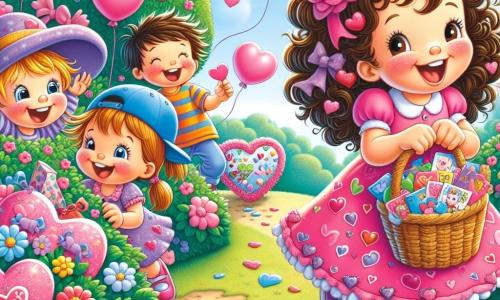 A 5-year-old girl named Lily, with beautiful curly shiny hair, is wearing a pink dress adorned with hearts. She has a big joyful smile on her face, her eyes sparkling with excitement as she holds a basket filled with colorful Valentine's Day cards. Next to her, Mia, a 5-year-old girl with brown hair in pigtails, laughs as she discovers a card hidden in a bush. A little further away, Tommy, a 5-year-old boy wearing a blue cap, is coming out from behind a tree, laughing at his adventure. The setting is a sunny park filled with bright flowers, lush green trees, and a clear blue sky. In the center of the illustration, the children are surrounded by colorful balloons and a large heart-shaped cake decorated with pink icing and sprinkles. The scene captures the excitement and joy of a Valentine's treasure hunt, where the children are having fun together, sharing laughter and surprises.