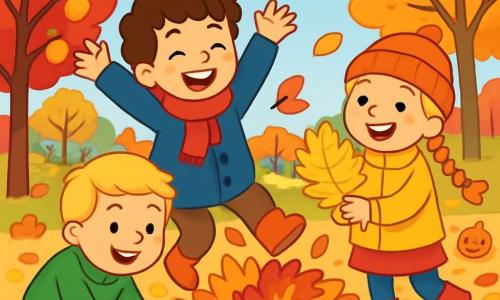 Er zijn 3 personages: - Sam: een 8-jarig jongen met bruin, krullend haar, die een rode sjaal en een blauwe jas draagt. Hij springt in een stapel kleurrijke bladeren. - Lisa: een 7-jarig meisje met lange blonde vlechten, gekleed in een gele jas en een oranje muts. Ze houdt een groot geel blad in haar handen en glimlacht vrolijk. - Bram: een 8-jarig jongen met blond haar en een grote glimlach, gekleed in een groene trui en een bruine broek. Hij zit in een hurkpositie bladeren in rood en oranje op te rapen. De locatie is een park in de herfst, vol met bomen met vlammenrode, gele en oranje bladeren. De grond is bedekt met een tapijt van knapperige bladeren, en de lucht is helderblauw met donzige witte wolken. In de verte zijn gezinnen te zien die wandelen en Halloweenversieringen. De belangrijkste situatie toont de drie vrienden die samen plezier hebben, lachend en spelend in de bladeren, terwijl appelbomen vol gouden vruchten op de achtergrond staan, wat een warme en feestelijke sfeer creëert.