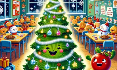 Un piccolo albero di Natale chiamato Alberino, con rami verdi scintillanti e decorazioni colorate, si trova al centro della scena, irradiando gioia e meraviglia, con gli occhi brillanti di felicità mentre danza sotto le luci. Accanto a lui, una pallina rossa chiamata Rossa, rotonda e vivace, sorride con entusiasmo, saltellando su uno dei suoi piedini, pronta ad aiutare Alberino a diffondere la magia del Natale. Lo sfondo è una scuola festiva, piena di ghirlande luminose, fiocchi di neve di carta appesi alle pareti e tavoli ricoperti di deliziosi biscotti di Natale, creando un'atmosfera calda e accogliente. La scena principale mostra Alberino e Rossa mentre decorano l'aula per una grande festa di Natale, circondati da risate e canti gioiosi, mentre altri oggetti natalizi, come stelle e pupazzi di neve, si uniscono a loro per celebrare insieme.