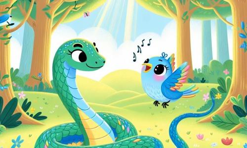 Un serpente di nome Sinu, lungo e sinuoso, con squame lucenti dai colori vivaci, si trova sull'erba verde, mostrando un'espressione dolce e determinata. Accanto a lui, un piccolo uccello blu, Piumoso, con un piumaggio splendente e occhi scintillanti, vola gioiosamente attorno a Sinu, cantando con entusiasmo. La scena si svolge in una foresta incantata, piena di alberi maestosi con foglie lussureggianti, fiori colorati e raggi di sole che filtrano tra i rami, creando un'atmosfera magica. Sinu e Piumoso stanno cercando il nido perduto dell'uccello, scrutando attentamente i dintorni, con grande complicità e uno spirito d'avventura palpabile.