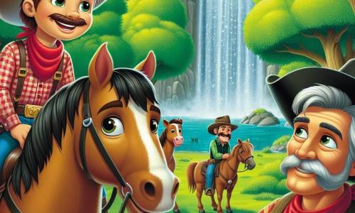 Een cowboy genaamd Jack, een man van ongeveer dertig met een brede glimlach, draagt een lichtjes gekanteld cowboyhoed en een rood geruit overhemd. Hij zit op zijn merrie, Bella, een mooie kastanjebruine merrie met zachte, nieuwsgierige ogen, die enthousiast kijkt naar een schitterende waterval op de achtergrond. Naast hem is een groep van drie cowboys, allemaal middelbare mannen, bezig met het verzamelen van hun vee. Een van hen, met een dikke snor en een rode bandana om zijn nek, houdt een touw vast en lacht naar Jack, terwijl een andere, oudere man met grijs haar, met zijn vinger naar de richting van het verloren vee wijst. De derde cowboy, jonger, met een zwarte hoed en een vastberaden blik, observeert de omgeving aandachtig. De plek is een groene open plek omringd door grote bomen met felgroene bladeren, met de waterval die op de achtergrond valt en een regenboog in de nevel creëert. De zon straalt hoog aan de hemel en verlicht de scène met een gouden gloed. De hoofdsituatie van het verhaal toont Jack en de cowboys die de ontdekking van de waterval vieren, terwijl ze zich voorbereiden om hun vee te verzamelen, verenigd door vriendschap en avontuur.