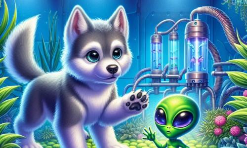 In un giardino idroponico futuristico, un piccolo lupo di nome Lupoletto, con un pelo morbido e argentato, esprime grande curiosità e meraviglia scoprendo un piccolo extraterrestre verde di nome Zorbi. Zorbi, con i suoi grandi occhi brillanti e la pelle scintillante, mostra un'espressione di paura mescolata a speranza, nascondendosi dietro un cespuglio di fiori blu. Il giardino è pieno di piante colorate dalle forme strane, con luci fluorescenti che illuminano lo spazio, creando un'atmosfera magica e accogliente. Lupoletto si avvicina dolcemente a Zorbi, tendendo una zampa amichevole per incoraggiarlo a uscire dal suo nascondiglio, mentre raggi di luce filtrano attraverso il fogliame, creando un gioco incantevole di ombre e luci.