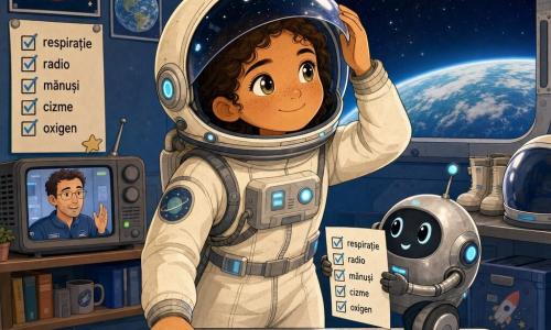 O femeie astronaut, Lina, calmă și zâmbitoare, față blândă cu pistrui, ochi căprui strălucitori, poartă un costum spațial crem cu cusături gri și mici lumini albastre; o mână pe o masă, cealaltă atingând viziera casca strălucind ca un glob. Un bărbat de ~35 de ani apare pe un mic ecran radio pe un raft, păr scurt, ochelari subțiri, gest încurajator. Un mic robot rotund argintiu rulează lângă Lina și întinde o listă cu căsuțe bifate. Camera de pregătire are pereți bleu închis cu postere de planete, o fereastră mare cu cer înstelat și Pământ albastru la orizont, o masă metalică cu uneltele și o listă lipită pe perete: „respirație, radio, mănuși, cizme, oxigen”. Scena principală o arată pe Lina verificându-și atent echipamentul, atingând fiecare element cu blândețe; cască pe masă reflectând stelele, atmosferă caldă și liniștitoare, lumini moi, tonuri pastelate și linii rotunjite.