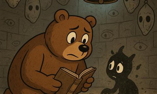 Tomé, um grande urso-pardo de pelo pintado em largas pinceladas, rosto redondo e olhos negros brilhantes, ajoelhado num círculo de pó branco, segura um velho livro de capa gasta numa pata e um pedaço de carvão na outra; ao seu lado aparece uma pequena criatura feita de pó de papel e sombras, do tamanho de um gato, com olhos desenhados a carvão e postura hesitante, procurando ajuda. Vários máscaras de tecido cinzento pendem do teto por fios finos, gastas e manchadas, observando a cena; a sala é uma cripta circular de arquivos subterrâneos com paredes de pedra riscadas de olhos, chão poeirento com pegadas redondas, uma grande campaínha de latão pendurada ao centro e uma fraca luz azul filtrando por uma escotilha. Tomé escreve cuidadosamente uma frase no livro para acalmar a criatura, enquanto as máscaras e a campaínha criam uma atmosfera inquietante e poética.