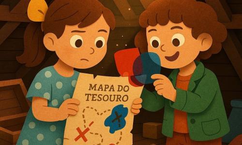 Duas meninas: Sofia, cerca de 8 anos, cabelo castanho em rabo de cavalo com grande laço amarelo, vestidinho de bolinhas azul claro, à esquerda segurando um velho pergaminho aberto e concentrada; Lara, cerca de 7 anos, cabelo curto e cacheado castanho, jaqueta verde e calça avermelhada, à direita com um sorriso travesso, segurando dois filtros translúcidos (um vermelho, um azul) sobre o mapa. Cena num velho sótão de madeira com vigas expostas e luz dourada entrando por uma pequena clarabóia, poeira brilhando no ar e uma caixa de madeira empoeirada aberta ao lado; as amigas examinam um mapa do tesouro antigo com manchas de tinta vermelha e azul; ao alinhar os filtros surgem palavras reveladas; atmosfera quente, misteriosa e encantada.