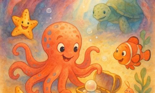 Ein kleiner Cartoon-Oktopus namens Ollie, freundlich und lächelnd, korallenfarben mit pastelligen Flecken, öffnet sanft eine kleine Schatztruhe aus Muscheln und hält eine funkelnde Perle; rechts schwimmt ein fröhlicher orange-weißer Clownfisch und zeigt mit einer Flosse auf die Truhe; links auf einem Stein sitzt ein rundes, gelb-rotes Seesternchen und klatscht mit seinen kurzen Armen; eine winzige, schüchterne Garnele in blassem Lachston steht hinter einer grünen Alge und wirkt erleichtert; die alte Schildkröte Tilda mit strukturierter grüner Panzerung beobachtet langsam wohlwollend vom Eingang der Korallenhöhle; Ort: große, mehrfarbige Korallenhöhle mit welligen rosa-, violett- und türkisfarbenen Wänden, Lichtstrahlen von der Oberfläche, feine Blasen und goldener Sand; Hauptsituation: die Freunde entdecken eine kleine Muschel- und Perlen-Schatztruhe, sanfte Feierstimmung, warme Farben und fließende Aquarelltexturen mit gezielten Spritzern, die Wasserreflexe andeuten.