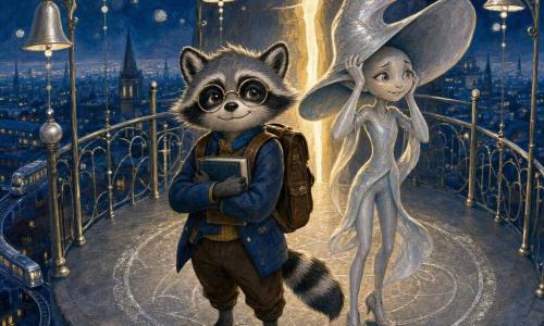 Mircea, un raton antropomorf, mic și studios, cu ochelari rotunzi, rucsac maro și ținând o carte mică fără titlu la piept, privire calmă și încrezătoare; Iri, o creatură suplă cu piele sidefie și o pălărie mare, stă lângă el ținându-și pălăria, emoționată și pregătită să treacă printr-o fisură luminoasă din spatele lor. În fundal se văd clopoțele subțiri suspendate pe stâlpi, esplanada suspendată cu dale de piatră și un cerc de praf argintiu la centru, balustrade metalice lăcuite și, mai jos, tramvaie argintii și acoperișuri încurcate sub cerul în nuanțe policrome. Scena surprinde un moment tandru și plin de speranță, iluminat cald de fisură, contraste de albastru nocturn și reflexe argintii; stil: pictură acrilică, texturi vizibile, tușe clare, paletă bogată în albastru, auriu blând și accente argintii, compoziție centrată pe cei doi și cercul de praf.