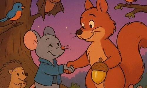 A small smiling rat named Remy, calm and expressive with fine whiskers, bright eyes and a worn blue jacket, stands on his hind legs shaking paws with a proud but softened red-furred squirrel named Sylvester who holds a large golden acorn, while Bella the small wise bat hangs upside down on a branch above them with folded wings and a kind gaze; a shy round hedgehog, colorful birds and smiling mice form a gentle applauding circle around them at the base of an ancient gnarled oak with thick green moss, red-and-white spotted mushrooms and glowing fireflies under a purple-pink twilight sky — a warm, peaceful reconciliation scene in a clean cartoon style with soft lighting, warm colors and slight paper texture.