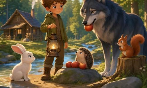 An 8-year-old boy with a round freckled face and messy chestnut hair, calm and determined, holds a rusty metal lantern beside a rock with apples; a large elegant dark-gray wolf with bluish sheen and softened bright eyes stands at the stream's edge biting an apple, less threatening than in tales; a white rabbit with large soft ears sits left of the boy on wet sand, worried but soothed; a small nervous red squirrel perches on a stump to the right, tail curled and watching the wolf; a cushion-like hedgehog with slightly ruffled spines near the apples listens; a clear stream flows in the foreground over wet sand with deep prints, sparkling droplets and sky reflections; in the background a small wooden cottage emits thin chimney smoke in a clearing bordered by tall pines and filtered shadows; late-afternoon soft light in warm greens and ochres creates a calm, reassuring scene of a daytime meeting where the truth is told.