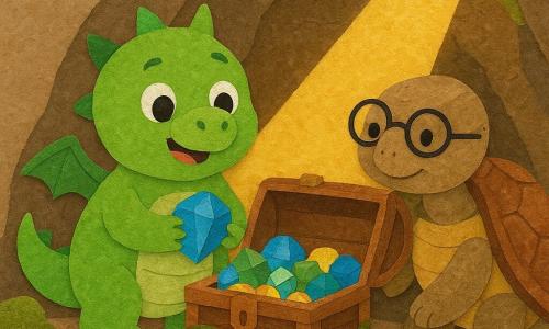 A small bright green dragon with a round body, short wings, shiny round eyes and an amazed smile holds a blue gemstone in its tiny claws in front of an open wooden chest; an old wise turtle with a textured brown shell and round glasses crouches beside the chest, resting a paw on its edge to share the discovery; the chest, entwined with green vines, is filled with shimmering blue and green gems and golden coins; the small cozy cave has soft rocky walls with green moss, smooth floor stones and a warm yellow beam of light illuminating the chest; the scene is simple, colorful and tactile with paper-cut textures, rounded shapes, clear contrasts, a joyful reassuring mood and a centered composition focused on the characters and chest.