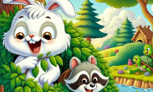 In the center of the image, Benny the Bunny, an adorable little rabbit with white fur and large floppy ears, is laughing heartily, his eyes sparkling with joy, as he emerges from a bush with leaves stuck to his back. To his right, Max the Raccoon, a mischievous little character with gray and black fur and a mask over his eyes, is lying in a pile of leaves, grinning widely while holding a piece of carrot cake in his paws. On the left, Tilly the Turtle, with her green shell and small glasses, is smiling warmly while holding a map of their tree, sitting on a branch and watching her friends with an amused expression. The setting is a sunny clearing surrounded by tall trees with sturdy trunks, colorful flowers, and a sparkling stream winding through the green grass. The scene depicts Benny and Max having fun after building their amazing treehouse, filled with laughter and joyful moments, capturing the spirit of friendship and hilarious adventures.