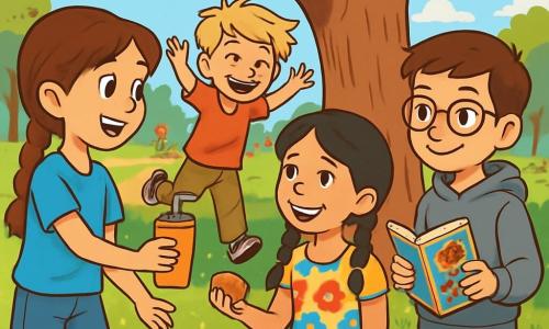 There are 4 children: Holly, an 11-year-old girl with brown braided hair, wearing a blue t-shirt and denim shorts, smiling joyfully while holding a juice. Jack, a 12-year-old boy with messy blonde hair, dressed in a red t-shirt and cargo pants, is laughing with his arms raised, ready to run. Mia, an 11-year-old girl with black hair in two braids, wearing a colorful floral dress, is sitting on the grass with her legs crossed, sharing cookies with her friends. Tariq, a 10-year-old boy with brown hair and glasses, wearing a gray hoodie and casual pants, is standing slightly back but smiling, holding an old comic book. The main setting is a sunny park with a large oak tree at the center providing shade. The grass is green with wildflowers, and a small dirt path winds through the park. In the background, children are playing, families are picnicking, and birds are singing in the trees. The main scene shows the four friends gathered under the oak tree, laughing and sharing snacks. Holly hands a juice to Tariq, who smiles shyly. Jack and Mia are chatting happily, creating an atmosphere of camaraderie and support, symbolizing friendship and solidarity within their community.