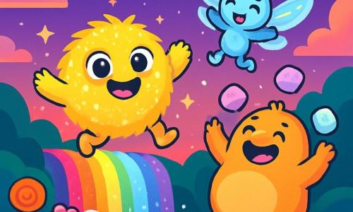 Wobblefluff, a small round and fluffy being, is at the center of the image, with shimmering fur that sparkles like stars. He has large round eyes filled with joy and a bright smile, jumping with happiness at the edge of Rainbow Falls. Next to him, Twinkletail, a delicate creature with sparkling wings, dances joyfully, her eyes sparkling with excitement. Fluffernut, a chubby character with a round belly, is juggling colorful marshmallows, laughing heartily. The enchanting backdrop features rainbow waterfalls cascading into a sparkling lake, surrounded by candy flowers and fluffy clouds floating in a twilight sky. The scene captures the magical moment where friends celebrate New Year together, laughing and playing, surrounded by vibrant colors and bright joy.