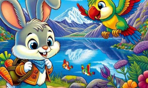 Léo, um coelhinho travesso com grandes orelhas e pelagem macia como algodão, está à beira de um lago cintilante, com os olhos arregalados de alegria e deslumbramento. Ele carrega uma mochilinha cheia de cenouras, pronto para a aventura. Ao seu lado, Paco, um papagaio colorido com penas brilhantes de verde, vermelho e azul, voa alegremente no ar, com um grande sorriso no bico, cantando canções de aventura. Ao fundo, o lago Titicaca se estende até onde a vista alcança, suas águas de um azul profundo refletindo as majestosas montanhas ao redor, enquanto flores exóticas e pássaros coloridos adicionam um toque de magia a essa paisagem encantadora. A cena mostra Léo e Paco explorando juntos, cheios de empolgação e curiosidade, prontos para descobrir as maravilhas deste mundo magnífico.