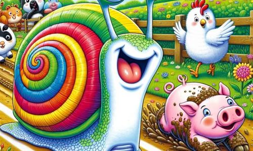 Um caracol chamado Zé, com uma concha brilhante e colorida, desliza alegremente pelo chão, exibindo um grande sorriso no rosto. Seus olhos brilham de empolgação enquanto se prepara para uma corrida divertida. Ao seu lado, uma pequena galinha branca chamada Tina, com penas fofas e um ar determinado, se agarra a um arbusto, pronta para se lançar. Um leitão rosa chamado Pipo, com bochechas redondas e um olhar divertido, está coberto de lama, rindo de sua própria desajeitação após escorregar. A cena acontece em uma fazenda ensolarada, com campos verdejantes, flores coloridas e um céu azul salpicado de nuvens brancas fofas. No centro, uma grande linha de partida está marcada no chão, cercada por outros animais curiosos que incentivam os corredores. Zé, cheio de entusiasmo, se lança com alegria, pronto para participar de uma corrida hilária com seus amigos, enquanto risadas e gritos de alegria ecoam ao redor deles.