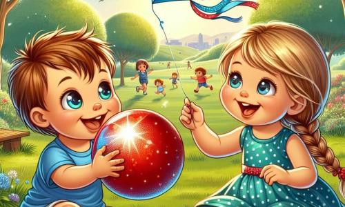 A 1-year-old boy with messy brown hair and sparkling eyes is sitting on the green grass in the park. He is smiling widely, holding a shiny red balloon that reflects the sun. Next to him, a 5-year-old girl with long braided blonde hair and a blue polka-dot dress is flying a blue kite in the sky. She is joyfully laughing with her arms raised as the kite dances in the wind. The park is vast and sunny, filled with trees with green leaves and colorful flowers. Children are playing in the distance, and a wooden bench is visible under a tree. The main scene shows the boy and the girl playing together, with the boy throwing his balloon to the girl who runs to catch the kite, symbolizing their budding friendship.
