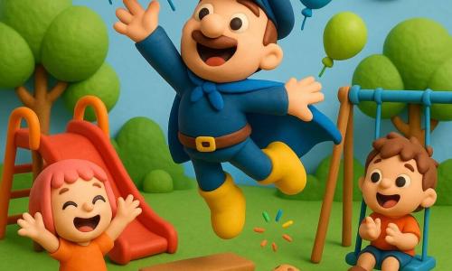 Captain Giggleboots smiling with bright round eyes, shiny yellow boots and a blue cape, jumping to pop balloons; Kitty Zoom, about 7, with a short pink bob laughing with arms raised left by a red slide; a ~4-year-old boy with tousled brown hair sitting on a blue swing to the right, wide-eyed and clapping; a small brown spotted puppy with its tongue out nudging a balloon under a simple wooden bench; colorful park with textured green lawn, round-topped trees, clear sky and a big yellow sun; balloons red, green and blue bursting into small colorful stars as children laugh in a warm, safe scene.