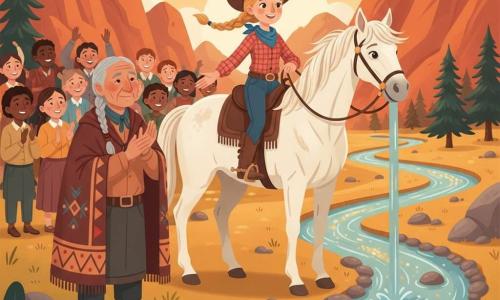 A smiling, determined 12-year-old cowgirl with braided blonde hair blowing in the wind, a brown cowboy hat, red plaid shirt, blue bandana and dusty leather boots rides a white mare named Star and reaches toward a small canal she has just dug with branches and stones to divert a secret river toward the village; an elderly Indigenous man of about 65 with a wrinkled kind face, gray braided hair with beads and a colorful coat stands to her left, gently applauding while villagers smile in the background; Star is large, white and calm, slightly lifting her head; the scene is a mountain valley at sunset with orange rocks, dark green pines, a small grove and a sparkling stream winding between smooth stones, the water glittering with golden reflections; warm, high-contrast colors, simple rounded shapes, smooth textures, joyful heroic mood, composition centered on the cowgirl and the flowing water.