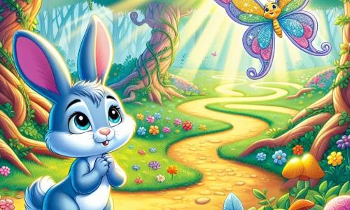 Un pequeño conejo llamado Zafiro, con un pelaje azul brillante y ojos llenos de curiosidad, se encuentra en el centro de un claro soleado, luciendo asombrado y un poco indeciso. Observa tres caminos misteriosos que se extienden ante él, rodeados de flores coloridas y follaje exuberante. A su derecha, una mariposa con alas doradas y plateadas, flotando suavemente en el aire, muestra una sonrisa alentadora, como si invitara a Zafiro a explorar. El lugar es un claro encantador, bañado en luz dorada, con árboles de troncos retorcidos y raíces entrelazadas, creando un escenario de cuento de hadas. Rayos de sol filtran a través del follaje, iluminando los senderos que serpentean como cintas de colores. Zafiro, lleno de esperanza y preguntas, se encuentra ante los tres caminos, cada uno representando una aventura diferente, listo para dar el primer paso hacia lo desconocido.