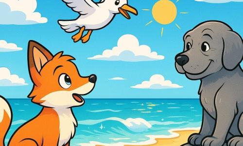 Ein junger Fuchs mit funkelnden Augen und leuchtend rotem Fell, voller Neugier und Staunen, steht an einem goldenen Strand und beobachtet die sanft brechenden Wellen. Neben ihm schwebt eine strahlend weiße Möwe mit schelmischem Blick über ihm, bereit, auf den Sand zu tauchen. Nicht weit entfernt sitzt ein alter Hund mit grauem Fell und weisen Augen auf einem Stein und schaut den Fuchs mit einem wohlwollenden Lächeln an, als ob er ein kostbares Geheimnis teilt. Der Himmel ist strahlend blau, mit flauschigen Wolken, und die Sonne scheint intensiv, wodurch funkelnde Reflexionen auf dem Wasser entstehen. Die Szene fängt den Moment ein, in dem der Fuchs zum ersten Mal die Schönheit des Meeres entdeckt, sein Herz schlägt vor Aufregung und Abenteuer.