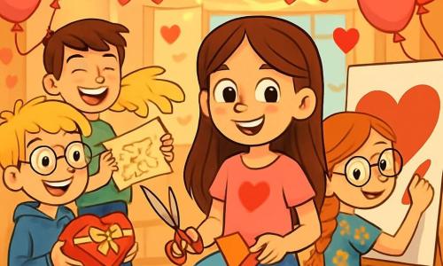 There are 4 children: Zoe, a 10-year-old girl with long brown hair and sparkling eyes, wearing a pink t-shirt with a heart and a polka dot skirt, standing in the center, smiling while holding scissors and colorful paper to make cards. Max, a 10-year-old boy with messy blonde hair and glasses, wearing a blue sweatshirt and jeans, is to the left of Zoe, holding a box of chocolates and looking around excitedly. Lily, a 10-year-old girl with braided red hair and round glasses, wearing a floral dress, is to the right of Zoe, drawing a large heart on a board. Jake, a 10-year-old boy with brown hair and a mischievous smile, wearing a green t-shirt and shorts, is behind Max, holding a treasure map and laughing with his friends. The setting is a community room decorated for Valentine's Day, with paper heart garlands, pink and red balloons floating from the ceiling, and a large table filled with heart-shaped cookies and colorful candies. Twinkling lights add to the festive atmosphere. The main scene shows the children preparing for a Valentine's Day party, surrounded by colorful decorations, laughing and sharing ideas for games and activities, creating a joyful and energetic atmosphere that illustrates the spirit of friendship and sharing.