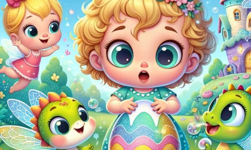 Una bambina di 2 anni, con capelli ricci e dorati e grandi occhi pieni di curiosità, si trova al centro dell'immagine, sorridente e meravigliata, tenendo un uovo colorato tra le sue piccole mani. Alla sua destra, un draghetto di nome Gigi, con squame verdi e occhi rotondi, sta soffiando bolle di sapone che fluttuano intorno a loro, con le sue ali traslucide che brillano sotto il sole. Alla sua sinistra, una piccola fata di nome Tina, con ali scintillanti e un vestito di petali di fiori, cerca di far apparire dei fiori sul suo naso, ridendo della sua magia fallita. Lo sfondo è un incantevole villaggio da favola, con case di caramelle, alberi dai colori vivaci e un cielo blu punteggiato di nuvole a forma di cuore. La scena principale mostra Giulia, Gigi e Tina riuniti attorno all'uovo magico che si è appena incrinato, con un piccolo uccello dalle ali arcobaleno pronto a uscire, riempiendo l'aria di gioia e risate.
