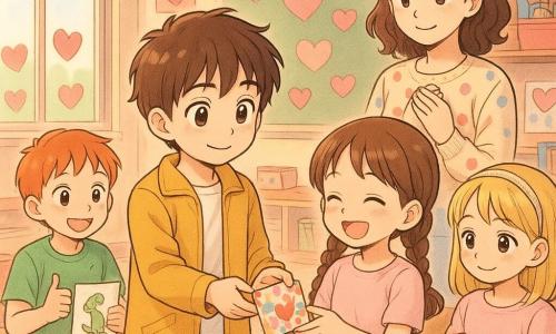 Matteo, bambino di 8 anni con sorriso timido e capelli castani scompigliati, in giacca giallo senape porge delicatamente una piccola pochette colorata al centro di un cerchio; Sara, circa 7 anni, viso rotondo e trecce brune in vestito rosa pallido, tiene la pochette aperta mostrando una caramella e ride con gli occhi; Luca, circa 7 anni, capelli corti e rossi in maglietta verde, seduto a sinistra, alza il pollice mostrando un disegno di dinosauro; Chiara, circa 7 anni, capelli biondi con cerchietto brillante, seduta a destra sorride timidamente tenendo una striscia scintillante; la maestra Sofia, donna intorno ai 30 anni con maglione a pois, sta in piedi dietro i bambini con lo sguardo benevolo; aula luminosa, vetri e decorazioni a cuore, scaffali di materiali, luce soffusa; scena di distribuzione rispettosa delle pochette di San Valentino, gesti teneri, colori pastello saturi, stile manga infantile con tratti netti e occhi grandi ed espressivi.
