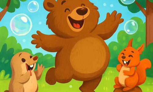 Un grande orso bruno, chiamato Tobia, con un pelo morbido e arruffato, balla felicemente al centro di una radura soleggiata, la sua pancia larga che si muove come una gelatina, mostrando un ampio sorriso di eccitazione. Accanto a lui, una piccola talpa con pelo beige e occhi brillanti, Matilde, applaude con entusiasmo, le sue piccole zampe sollevate, mentre uno scoiattolo birichino, Gigi, con pelo rosso e occhi maliziosi, ride tenendosi la pancia, seduto su una grossa noce nelle vicinanze. La radura è circondata da alberi verdi con foglie lucenti e fiori colorati punteggiano il terreno, mentre una grande bacinella piena di sapone per bolle brilla al sole. Tobia, mentre salta e fa scoppiare bolle giganti, dimostra la sua determinazione a diventare il Re delle Bolle, mentre bolle scintillanti fluttuano intorno a lui, creando un'atmosfera magica e gioiosa.