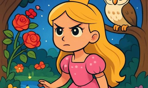 La princesa Lía, una joven de largos cabellos dorados y ojos brillantes como estrellas, se encuentra al borde de un jardín secreto. Su rostro expresa una determinación valiente mientras observa un viejo rosal con flores brillantes. Lleva un vestido rosa adornado con perlas que brillan bajo la luz de la luna. A su lado, un sabio búho de plumas blancas y ojos sabios la observa atentamente, posado en una rama, listo para darle consejos valiosos en su búsqueda. El jardín es un lugar encantador, con árboles de troncos retorcidos, flores coloridas que bailan al viento y un estanque donde luciérnagas iluminan la noche. Lía está lista para partir en una aventura, decidida a encontrar la Perla de la Sabiduría para salvar su reino.