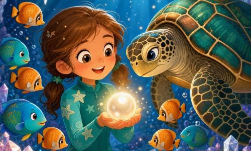 An 8-year-old girl, amazed and smiling, brown hair in pigtails and big bright eyes, wearing a turquoise wetsuit with starfish patterns, holds a large glowing pearl at the center; a wise sea turtle with an emerald-and-bronze textured shell watches kindly from the right at head height while colorful fish (orange butterflyfish, blue-green parrotfish) circle them in a luminous semicircle; setting: a sparkling underwater cave with pink and silver crystals, translucent stalactites, pearly sand and blue sunbeams; scene: magical discovery—warm golden pearl glow contrasts with cold blue water, floating light particles, peaceful wondrous mood, close perspective on girl and turtle; graphic style: simple shapes, strong contrasts, vivid harmonious colors, soft outlines, flat texture without complex shadows.