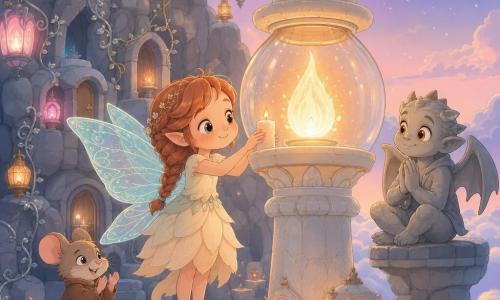 Lira, a brave smiling little fairy with blue-green translucent wings, braided red hair and a pale petal dress, gently places a lit candle into a large stone lantern holding the slowly awakening orange-golden Eternal Flame; a mischievous brown-coated mouse applauds on a left stone step at her knee and a proud stone gargoyle boy with polished amber eyes sits on a right ledge with palms together; they stand on a gray cliff dotted with small rounded doors, colored lanterns, silver vines and hanging bells, soft clouds below and a twilight sky.