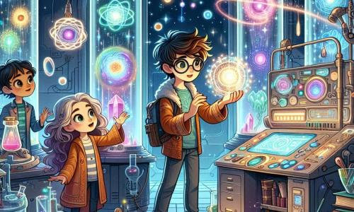 En un laboratorio futurista de la Estación Galáctica Arcoíris, Max, un niño de 10 años con cabello despeinado y gafas redondas, está concentrado en un aparato brillante. A su derecha, Ana, una niña de 9 años con cabello largo y rizado, sostiene un cristal luminoso que pulsa con colores vivos. A la izquierda, Lucas, un niño de 11 años con gorra y una varita mágica, observa con una sonrisa entusiasta. Sofía, una niña de 10 años con ojos brillantes, flota ligeramente sobre el suelo, rodeada de objetos levitantes, lista para usar sus poderes. El laboratorio está lleno de gadgets brillantes, libros antiguos flotantes y tubos de ensayo con líquidos de colores. Hologramas de galaxias lejanas danzan a su alrededor, creando una atmósfera mágica y científica. El grupo de amigos trabaja juntos para activar un dispositivo complejo que proyecta un rayo de luz hacia el cielo, guiando a un cometa perdido hacia un nuevo camino, mientras intercambian miradas decididas y alegres.