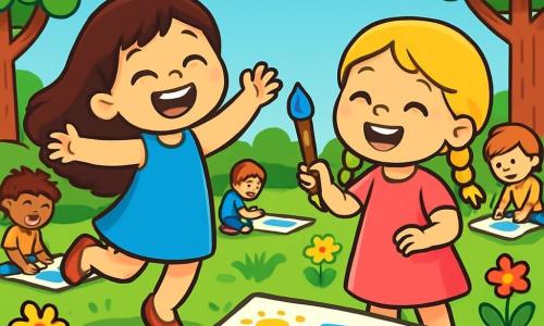 A 4-year-old girl named Lucy, with long brown hair and sparkling eyes, wears a blue dress and red shoes. She jumps with joy in a green field, a big smile on her face. Next to her, her best friend Mia, also 4 years old, has braided blonde hair and wears a pretty pink dress. She laughs while holding a colorful brush, ready to paint. The setting is a sunny summer camp, surrounded by tall trees with shiny green leaves and colorful flowers swaying in the breeze. A clear blue sky stretches above them, dotted with fluffy white clouds. The main scene shows Lucy and Mia painting summer landscapes on large sheets of paper, surrounded by other happy children, all absorbed in their creativity. The bright colors of the paint and the children's enthusiasm create a joyful and lively atmosphere.