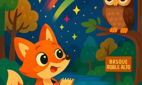 Una pequeña zorrita de ojos brillantes y curiosos, con un pelaje naranja vivo y una cola esponjosa, se encuentra al borde de un lago brillante, mirando con asombro luces de colores vivos en el cielo nocturno. Junto a ella, un búho sabio de plumas marrones y grandes ojos redondos, posado en una rama, observa la escena con curiosidad. Al fondo, el bosque de Roble Alto está lleno de árboles majestuosos con hojas verdes y doradas, iluminados por el resplandor de las estrellas. La zorrita, llena de emoción, toma notas en su pequeño cuaderno, lista para descubrir el misterio de las extrañas luces que bailan en el cielo.