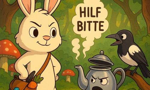 Die Hauptfigur ist ein kleiner Hase namens Wuschel, cremefarbenes Fell, rosa Ohren, selbstsichere aber etwas steife Ausstrahlung, auf den Hinterbeinen stehend, mit einer schräg getragenen Tasche, aus der drei glänzende Knöpfe, eine schwarze Feder und eine orange Karotte mit dem Schildchen Notfallplan herausragen; eine Nebenfigur ist eine anthropomorphe, polierte Metallteekanne auf Moos, Deckel wie ein offener Mund, pfeifender, mürrischer Ausdruck, weißer Dampf formt Buchstaben; eine weitere Nebenfigur ist eine glänzende Elster, schwarz-weiß, schlauer und alarmierter Blick, auf einem niedrigen Ast rechts sitzend und Wuschel warnend; Schauplatz eine weiche Waldlichtung mit grünem Moosteppich, großen rot-weißen Fliegenpilzen wie Laternen, Brombeer-Ranken im Hintergrund und goldenen Sonnenstrahlen zwischen verdrehten Bäumen; Situation: komische, magische Szene, Wuschel entdeckt die singende Teekanne, der Dampf bildet die Worte HILF und BITTE, fantastische, lustige Stimmung, gesättigte Farben, starke Kontraste, Komposition zentriert auf Wuschel und Teekanne mit der Elster im Hintergrund.