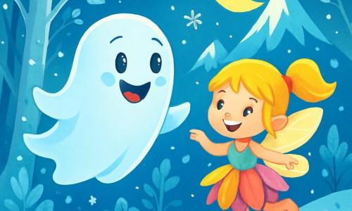 Un piccolo fantasma di nome Nuvolino, con un corpo traslucido e una pancia rotonda e bianca come la neve, fluttua gioiosamente in un paesaggio incantato. Il suo viso è illuminato da un sorriso radioso, i suoi occhi brillano di curiosità ed eccitazione. Accanto a lui, Brillina, una follettina dai capelli dorati e ali scintillanti, danza nell'aria, i suoi occhi brillano di malizia e gioia. Indossa un vestito fatto di petali di fiori colorati e si trova leggermente davanti a Nuvolino, incoraggiandolo ad avanzare. Lo scenario è un magnifico bosco incantato, dove gli alberi hanno tronchi argentati e foglie di cristallo che brillano sotto la luce della luna. Fiocchi di neve cadono dolcemente, creando un'atmosfera magica e pacifica. La scena mostra Nuvolino e Brillina che si avvanzano insieme verso la montagna ghiacciata, dove si nasconde la casa dei draghi di neve, pieni di entusiasmo e determinazione, pronti a vivere una nuova avventura.