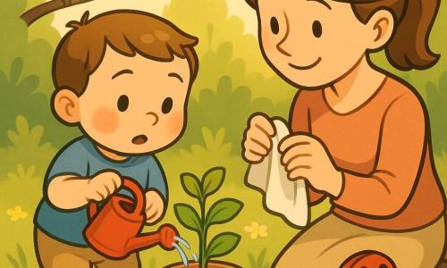 Um menino de 2 anos, rosto redondo, cabelos castanhos curtos, bochechas rosadas, expressão serena e maravilhada, segura um pequeno regador vermelho e rega uma planta com gotas brilhantes; à sua direita, a mãe (~30 anos), cabelos castanhos presos, sorriso terno, ajoelhada, observa e enxuga suavemente um lenço; uma joaninha vermelha de pontos pretos anda numa folha perto do vaso; um pequeno pássaro amarelo pousado num galho baixo ao fundo canta; jardim de primavera luminoso com relva verde, flores amarelas e brancas, terra úmida e luz dourada do sol baixo; cena principal: momento calmo e afetuoso.