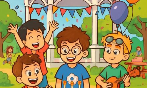 Há 4 crianças: - Tomás: um garoto de 10 anos, com cabelos castanhos bagunçados e óculos redondos. Ele usa uma camiseta azul com um desenho de bola de futebol e um short jeans. Ele está no centro, sorrindo, com um bolo de aniversário à sua frente. - Miguel: um garoto de 11 anos, com cabelos negros e olhos brilhantes. Ele usa uma camisa quadriculada vermelha e uma calça bege. Ele está à esquerda de Tomás, levantando os braços para celebrar. - Léo: um garoto de 10 anos, com cabelos loiros e óculos de sol na testa. Ele usa uma camiseta verde e um short preto. Ele está à direita de Tomás, segurando um ukulele e pronto para tocar uma canção alegre. - Rafa: um garoto de 10 anos, com cabelos castanho-claros e um sorriso travesso. Ele usa uma camiseta laranja e um short. Ele está atrás de Tomás, segurando um balão de festa que está subindo ao céu. O local é um parque ensolarado, com um grande coreto branco no centro, decorado com guirlandas coloridas e balões flutuantes. Árvores verdes cercam a cena, e crianças brincam ao fundo, enquanto mesas estão arrumadas com pratos de bolos e doces. A cena principal mostra Tomás, cercado por seus amigos, soprando as velas do seu bolo de aniversário, com risadas e sorrisos radiantes, enquanto confetes voam pelo ar, criando uma atmosfera festiva e alegre.