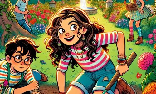 Uma menina de 10 anos, Clara, com cabelos longos e cacheados e olhos cheios de curiosidade, está agachada em um jardim ensolarado, seu rosto radiante de empolgação. Ela usa uma camisa listrada colorida e um short de jeans, segurando um velho mapa do tesouro nas mãos. Ao lado dela, seu amigo Pedro, um garoto de 10 anos com óculos e cabelos castanhos bagunçados, observa atentamente o mapa, com uma expressão concentrada. Sofia, outra amiga de 9 anos com tranças e um sorriso travesso, está um pouco atrás, segurando uma pá de plástico, pronta para ajudar. O jardim está repleto de flores vibrantes, grandes árvores com folhas verdes e uma velha fonte coberta de hera, criando uma atmosfera mágica e misteriosa. Ao fundo, um grande e antigo casarão se ergue, com janelas empoeiradas e uma porta de madeira que range. A cena principal mostra Clara e seus amigos descobrindo um tesouro escondido, cavando com entusiasmo sob uma grande árvore, seus rostos iluminados pela empolgação da aventura.