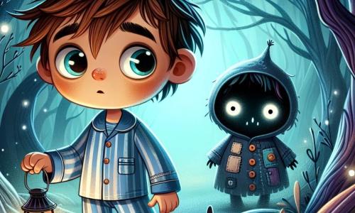 A 10-year-old boy named Oliver stands at the edge of a mysterious lake, his eyes wide with curiosity and wonder. He has messy brown hair, a small freckle on his nose, and wears a blue and white striped pajama. In his hand, he holds a lantern emitting a soft bluish light that warms his face. Nearby, a dark, blurry silhouette, a secondary character, stands in the shadow of the trees. It is a small being with button eyes and a mischievous smile, wearing a patchwork vest. It watches Oliver with an air of mystery, as if it knows something the boy does not. The setting is a dark, enchanted forest with twisted trees whose branches seem to reach for the starry sky. The ground is covered in black velvet, and silver mists dance around the trunks, creating a magical yet unsettling atmosphere. The main situation shows Oliver, determined and brave, ready to face his fears as he approaches the shimmering lake. Shadows swirl around him, but the light from his lantern cuts through the darkness, symbolizing his courage in the face of the unknown.