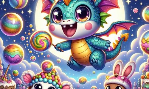 Pepín, un pequeño dragón con escamas brillantes de colores vivos, flota alegremente en el aire, escupiendo burbujas multicolores que estallan en risas. Sus grandes ojos redondos brillan de emoción y su sonrisa traviesa muestra sus pequeños dientes afilados. A su lado, un adorable conejo de peluche con un sombrero de caramelos salta de alegría, con sus grandes orejas levantadas y sus mejillas rosadas sonrojadas de entusiasmo. Sostiene una pequeña guitarra de chocolate y toca una melodía animada, rodeado de pequeños animales del bosque que bailan a su alrededor. El escenario es un claro de luna mágico en un mundo de dulces, con árboles en forma de pasteles, flores de malvavisco y un cielo estrellado donde las nubes parecen de algodón de azúcar. La escena muestra a Pepín y sus amigos en plena fiesta, rodeados de montañas de caramelos y ríos de limonada, mientras se divierten creando burbujas gigantes que flotan en el aire, trayendo sonrisas y magia a su alegre celebración.