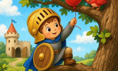 A small plush boy knight (Sir Teddy), gentle and focused, smiling with shiny round eyes, wearing a slightly oversized golden helmet, gray fabric chainmail, and a blue cape, holding a round wooden shield and a small wooden sword; a tiny female bird with bright red feathers and curious eyes perches high on a nearby branch, happily watching him; in the background a beige miniature castle with a round tower and an open wooden door sits on a grassy hill; setting: a bright green field with short grass, scattered yellow flowers, and a large leafy tree with a textured brown trunk whose high branches have a shiny red balloon stuck; main scene: the little knight gently climbs low branches to retrieve and return the balloon to the bird, warm comforting atmosphere, bright colors, soft outlines, simple childlike style.