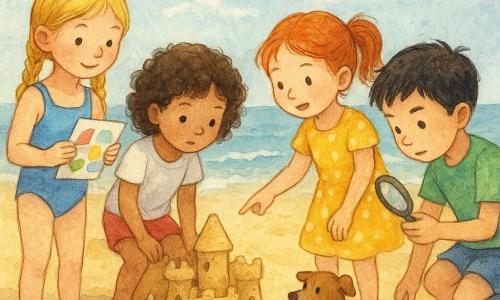 Na plaży są 4 dzieci: - Dziewczynka o imieniu Hania, około 8 lat, z blond włosami zaplecionymi w warkocze, ubrana w niebieski strój kąpielowy, trzyma kolorowy kawałek papieru i stoi obok zamku z piasku. - Dziewczynka o imieniu Lila, około 7 lat, z kręconymi brązowymi włosami, ubrana w czerwone szorty i białą koszulkę, uważnie patrzy na ziemię z ciekawym wyrazem twarzy. - Dziewczynka o imieniu Zosia, około 8 lat, z rudymi włosami związanymi w kucyk, ubrana w żółtą sukienkę w kropki, wskazuje palcem na małego psa, który macha ogonem. - Chłopiec o imieniu Olek, około 9 lat, z krótkimi czarnymi włosami, ubrany w zieloną koszulkę i niebieskie szorty, trzyma lupę i obserwuje ślady w piasku. Miejsce to słoneczna plaża z złotym piaskiem, łagodnymi falami w tle i zamkiem z piasku ozdobionym muszlami. Obok zamku stoi mały brązowy pies z białą plamą na grzbiecie, trzymający w pysku kawałek czerwonej wstążki. Dzieci prowadzą śledztwo, aby odnaleźć zaginiony czerwony wiatraczek. Są skupione, badając ślady na piasku z podekscytowaniem i determinacją. Niebo jest jasnoniebieskie z kilkoma białymi puszystymi chmurami, a wiatr rozwiewa włosy dzieci.
