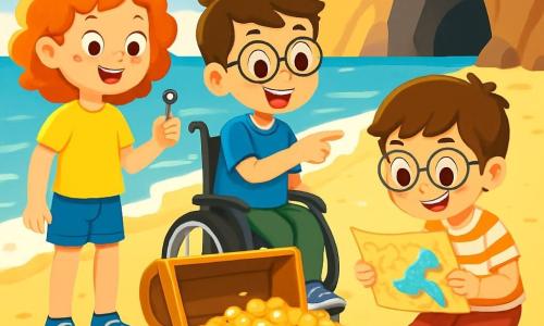 There are 3 characters: Mia, an 8-year-old girl with curly red hair and freckles, wearing a yellow t-shirt and denim shorts, holding a rusty key and looking curiously at the treasure chest; Leo, a 9-year-old boy in a wheelchair with brown hair and glasses, wearing a blue t-shirt and green pants, smiling enthusiastically and pointing at the treasure chest; Sam, an 8-year-old boy with brown hair and large glasses, wearing a striped shirt and red shorts, crouched near the chest, examining a treasure map with wide eyes. The scene is set on a sunny beach with gentle waves lapping at the shore, large cliffs in the background, and a dark cave visible. The golden sand is scattered with colorful seashells, and the sky is a bright blue with a few white clouds. The main situation shows the three friends discovering an ancient treasure chest filled with sparkling gold coins and glittering jewels, surrounded by an atmosphere of excitement and mystery, with sunlight illuminating the scene, creating a magical ambiance.