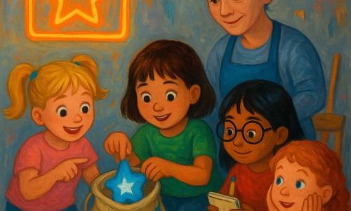 Five characters: Mia (5), brown bob, curious eyes, crouched center, reaching into a fabric bag to pull out a small blue lamp with a star sticker; Zoe (5), blond pigtails, bright smile, left of Mia, pointing and hopping on tiptoe; Lina (5), straight black hair, round glasses, right of Mia, holding a small notebook and pencil, noting clues; Ruby (5), curly red hair and freckles, behind Mia, hands on her cheeks, amazed; and Juno, an adult woman (~30), blue-gray hair in a bun, wearing a cleaning apron, standing near a chair in the background, gently indicating the open bag. Setting: a backstage craft corner of a small stage with a wooden table covered in paint pots, paper rolls, jars of silver glitter, and boxes labeled STARS FOR THE CASTLE, warm neon light, light gray painted backdrop with paint marks. Main action: the four little investigators discover the hidden blue lamp in a supplies bag—tender gestures, surprised and relieved faces, silver glitter scattered on the table and a small blue ribbon hanging from the bag. Style: acrylic painting, saturated colors, visible brushstrokes, joyful warm atmosphere, centered composition, soft contrast between the lamp’s blue and the warm wood tones.